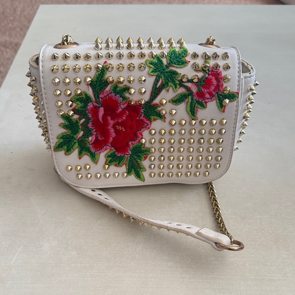 Handbags - Studded White Floral Embroidered crossbody Bag